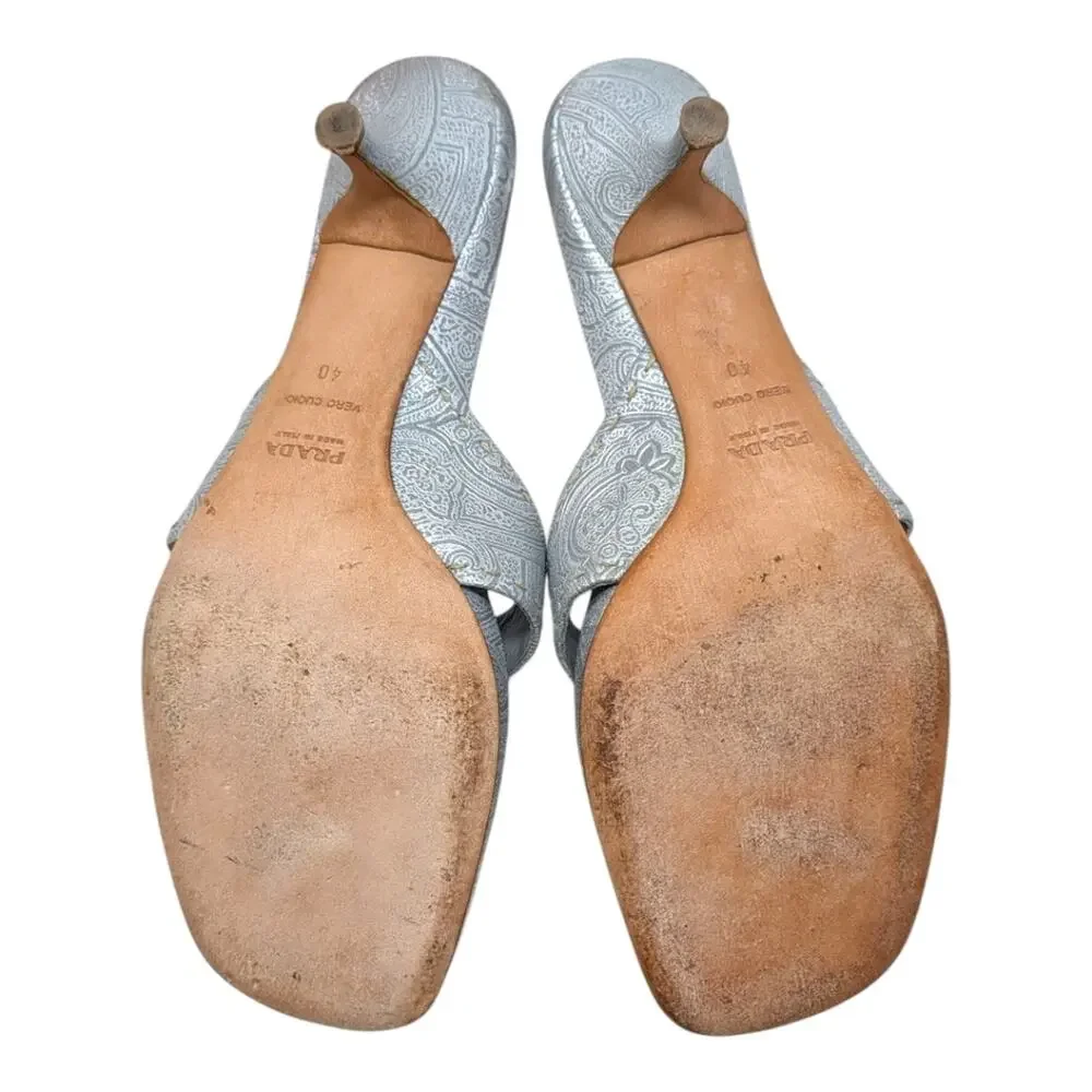 Vintage Prada Logo Kitten Heel Flip Flops Square Toe Sandal Mule Silver Blue 40